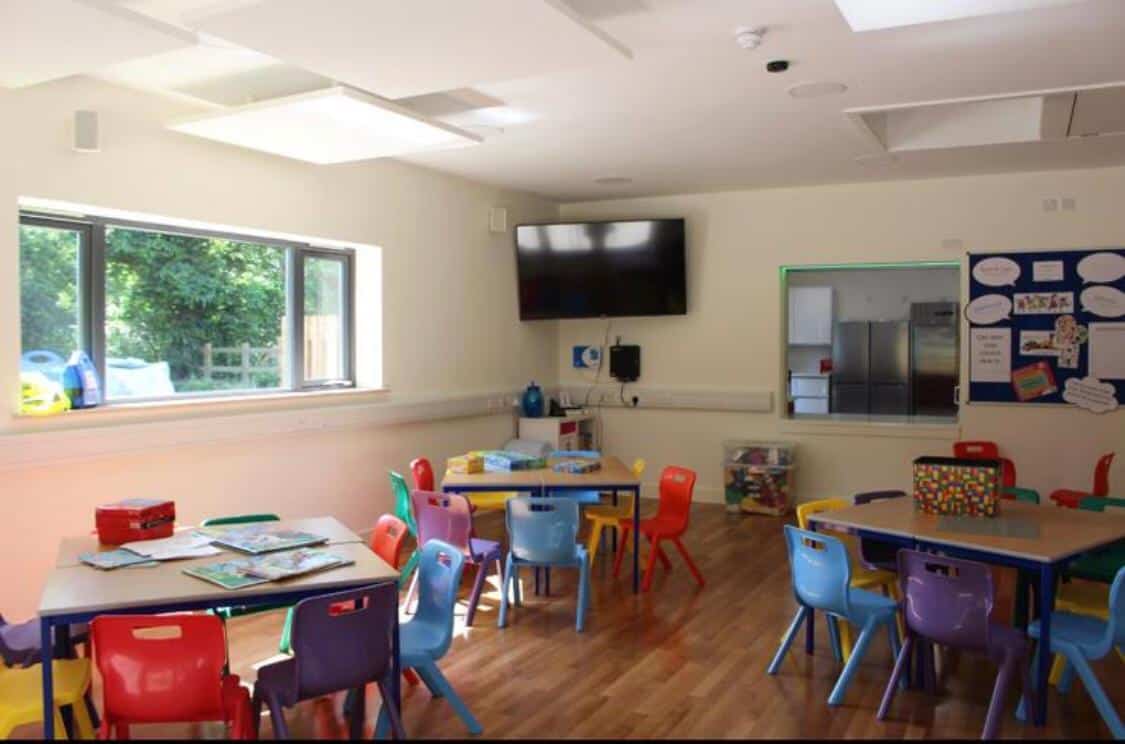 Classroom inside the Herne Community Centre with Colourful chairs and TV on the wall